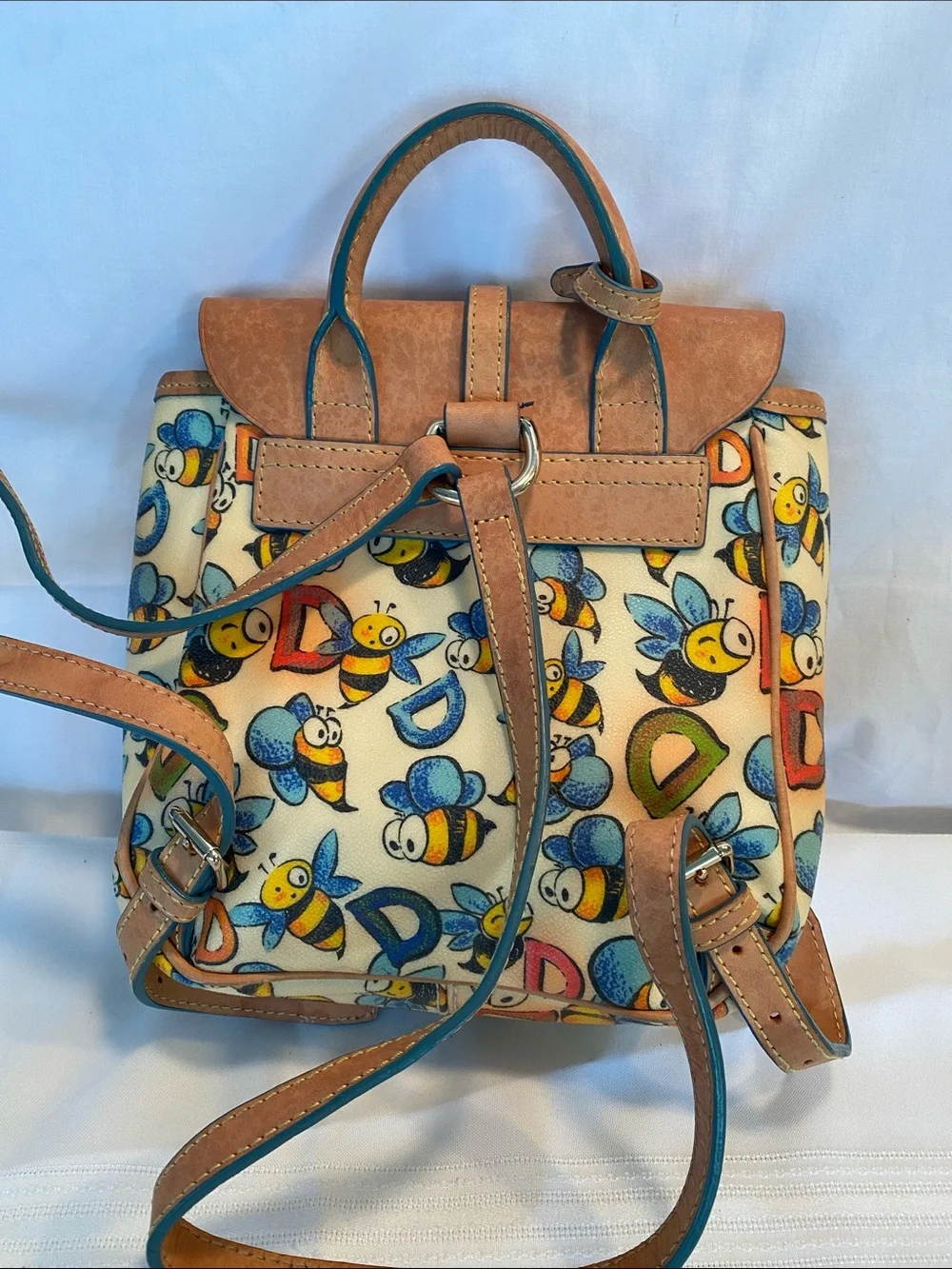 Dooney & Bourke Bee Print Satchel in Tan and Cream with Blue & Yellow Accents